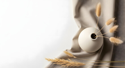 Top view of white ceramic bud vase with dried bunny tail grass on draped linen, minimalist still life with copy space