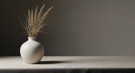 White ceramic vase with dried wheat grass on linen-covered table, moody minimalist still life with copy space