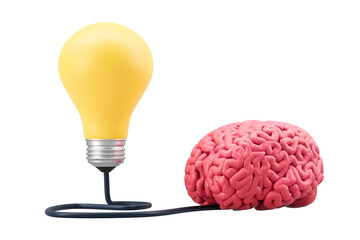 Yellow light bulb connected by dark cord to human brain, rendered in glossy 3D style, isolated on white background. Concept of creativity and intelligence. 3D Rendering.