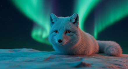  Mystical Arctic fox under the aurora’s glow: a dreamlike close-up amidst enchanted ice fields and whispering polar winds.