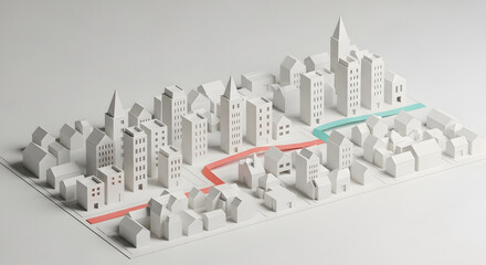 Isometric 3D paper city map with highlighted navigation route, minimalist urban diorama render