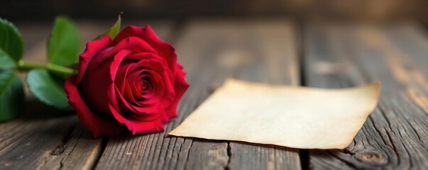 Crimson rose, worn wood tabletop, heartfelt note, rustic, letter