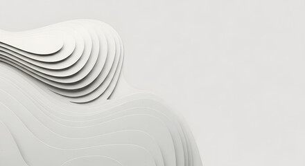 White paper-cut layered topographic abstract on white background, 3D render with copy space