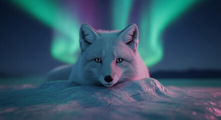 Mystical Arctic fox under the aurora’s glow: a dreamlike close-up amidst enchanted ice fields and whispering polar winds.