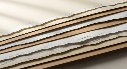 Diagonal torn paper layers with deckle edges on neutral beige background, copy space