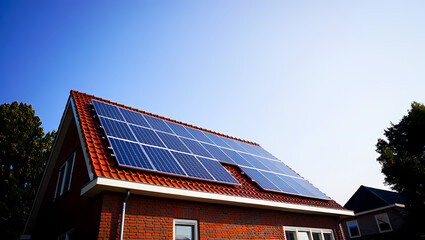 Fototapeta premium Modern Solar Panels on the Red Tiled Roof of a Brick House on a Sunny Day