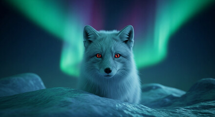  Mystical Arctic fox under the aurora’s glow: a dreamlike close-up amidst enchanted ice fields and whispering polar winds.