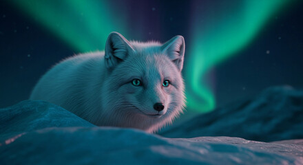  Mystical Arctic fox under the aurora’s glow: a dreamlike close-up amidst enchanted ice fields and whispering polar winds.