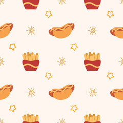 French fries and hot dog cartoon so cute. On sun star background. Pattern seamless vector illustration. 