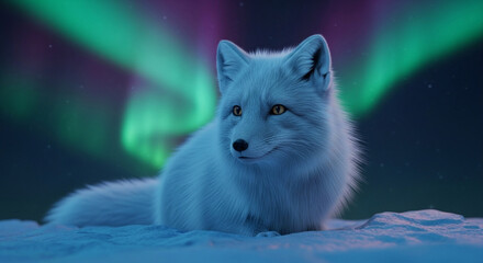  Mystical Arctic fox under the aurora’s glow: a dreamlike close-up amidst enchanted ice fields and whispering polar winds.
