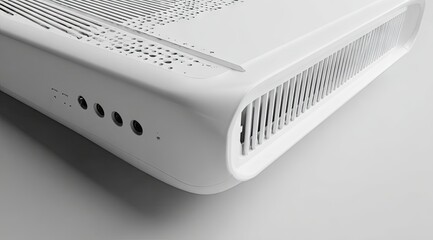 Close-up of a sleek, white rectangular gaming console's rear, showcasing ventilation slots, ports, and a unique textured top panel design suggesting data flow or digital particles