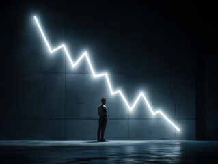 A man stands watching a bright line graph indicating a steep financial decline