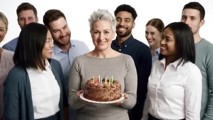Group of coworkers gathered around a boss with a cake, clean white backdrop
