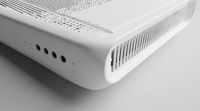 Close-up of a sleek, white rectangular gaming console's rear, showcasing ventilation slots, ports, and a unique textured top panel design suggesting data flow or digital particles