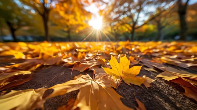 A beautiful autumn background with golden leaves on the ground in a park. This 4K video shows the fall season with warm sun light and blowing foliage.