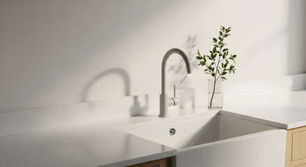 Sunlit modern kitchen sink with gooseneck faucet and glass vase on white quartz countertop, minimalist interior with copy space