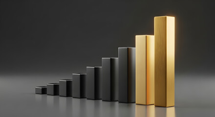 3d gold and black bar chart showing upward trend on dark background, financial growth concept with copy space