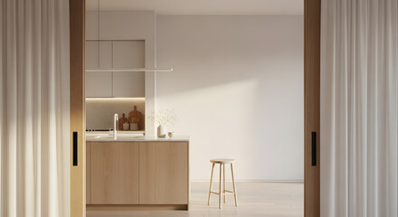 Modern minimalist kitchen with island, wooden cabinets and bar stool, sunlit interior with copy space


