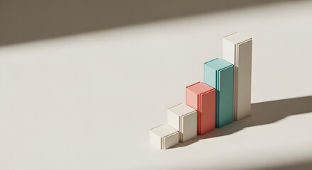 3d pastel bar chart with long shadows showing upward growth on beige background, copy space

