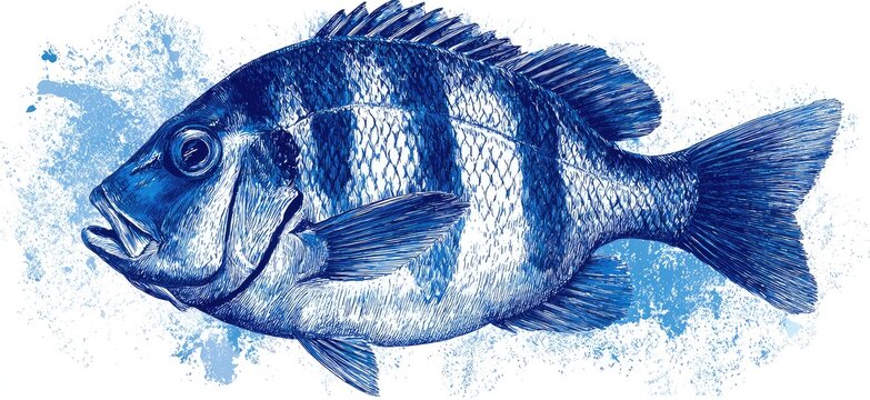 Detailed illustration of a vibrant blue fish with intricate scales and stripes