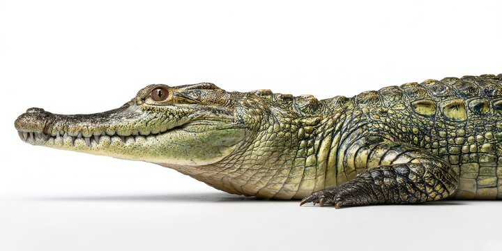 The crocodile rests peacefully on a white background showcasing its unique features.