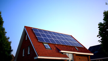 Fototapeta premium Modern Solar Panels on the Red Tiled Roof of a Brick House on a Sunny Day
