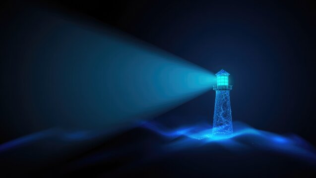 Futuristic blue digital lighthouse with light beam over dark water - Powered by Adobe