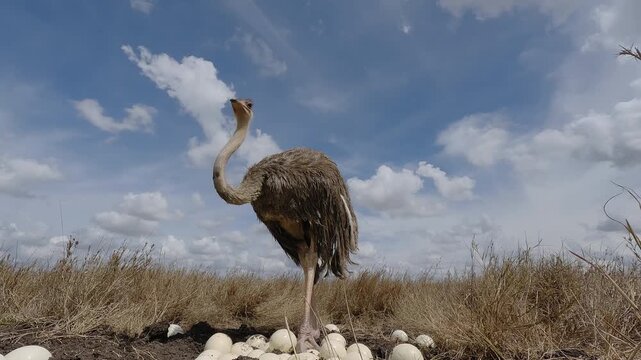 Low wide angle of a Common Ostrich (Struthio camelus) standing near a clutch of eggs in dry savannah grassland at midday in Kenya