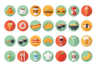 Food Icons Collection Flat Design Vector Graphics for Diverse Menu Items