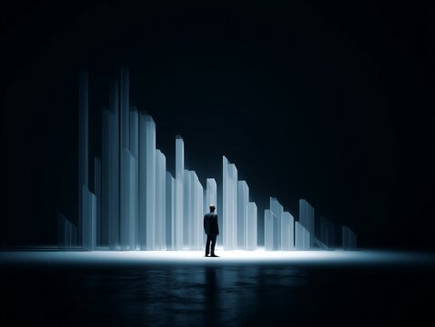 A businessman stands on a lighted floor gazing at an illuminated data chart in a dark space
