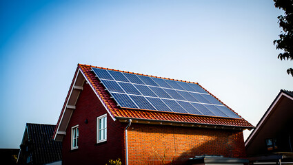 Fototapeta premium Modern Solar Panels on the Red Tiled Roof of a Brick House on a Sunny Day