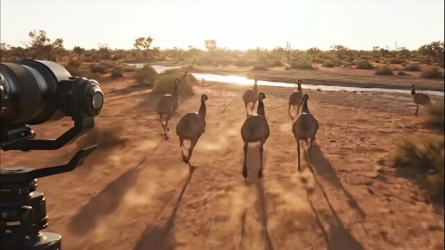 A mob of wild emus runs frantically down a dusty dirt road in the arid australian outback as they are pursued by a vehicle at golden hour