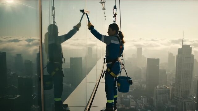 A brave female window washer in a safety harness works at a dangerous height cleaning the reflective glass of a modern skyscraper high above the city clouds