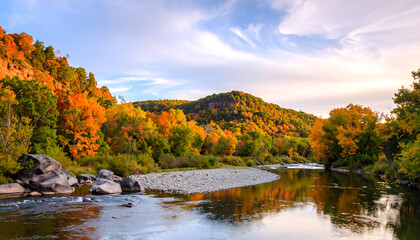 Autumn River Landscape with Colorful Trees.