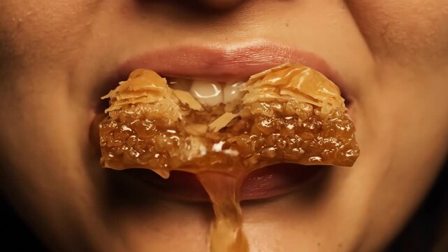 An extreme closeup shows a person's mouth biting into a sweet and sticky piece of baklava with honey dripping out in a delicious and indulgent moment