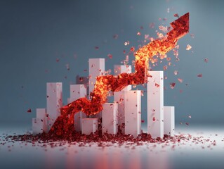 A bold red arrow breaking apart shoots up from a white bar graph showing growth