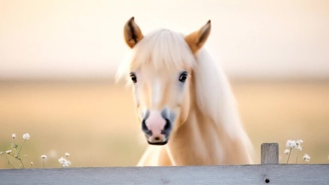 A palomino horse with a dark muzzle and white mane looks downwards over a white wooden fence.