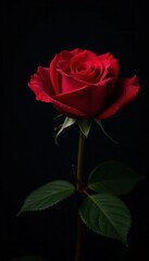 Dark red rose, single dewdrop, black backdrop Top view , object, sharp