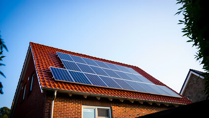 Fototapeta premium Modern Solar Panels on the Red Tiled Roof of a Brick House on a Sunny Day