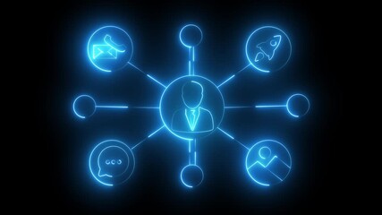 "Neon Glowing User Interface Icons – Multimedia Network Animation on Black Background"