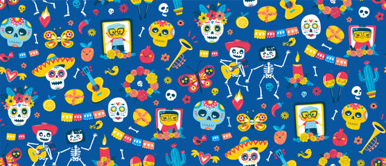 Colorful Dia de los Muertos Folk Seamless Pattern, Sugar Skulls, Skeletons, Flowers. Mexican Day of the Dead Celebration Art, Festive Vector Illustration Design. Cute and Colorful Calavera Pattern