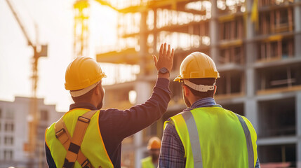 Construction workers high-fiving at sunset on building site  