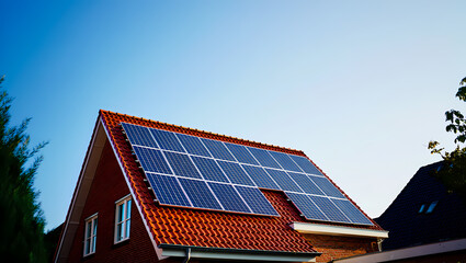 Fototapeta premium Modern Solar Panels on the Red Tiled Roof of a Brick House on a Sunny Day