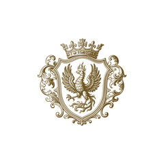 Fototapeta premium phoenix royal crest logo features intricate engraving-style details, symbolizing rebirth, power, and nobility