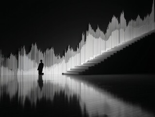 A lone man kneels before a glowing data graph and stairs in a dark room