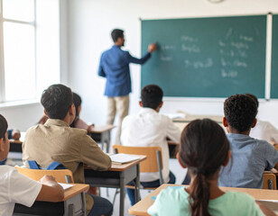 Students Sitting At Desks With A Teacher At The Blackboard In A Classroom