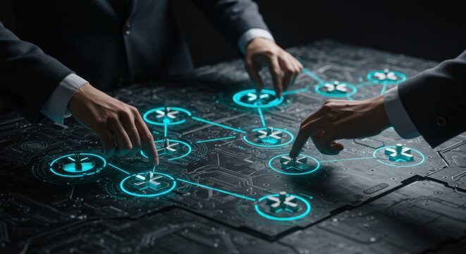 Two men working on a futuristic digital network table. Businessmen optimizing connectivity and data flow for technological innovation concept.