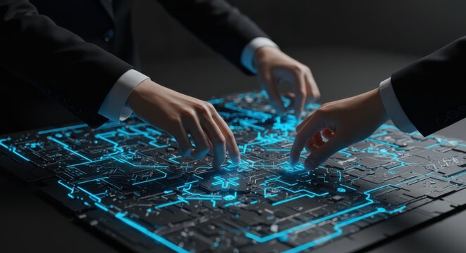 Two people touching an illuminated digital circuit board. Data analysis and future technology concept for business collaboration. - Powered by Adobe