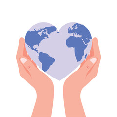 Hands holding heart-shaped Earth, love and care for planet vector illustration.