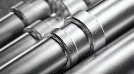 Close-up of brushed metallic cylinders, precisely joined with smooth, gleaming rings, showcasing industrial precision and seamless connections
